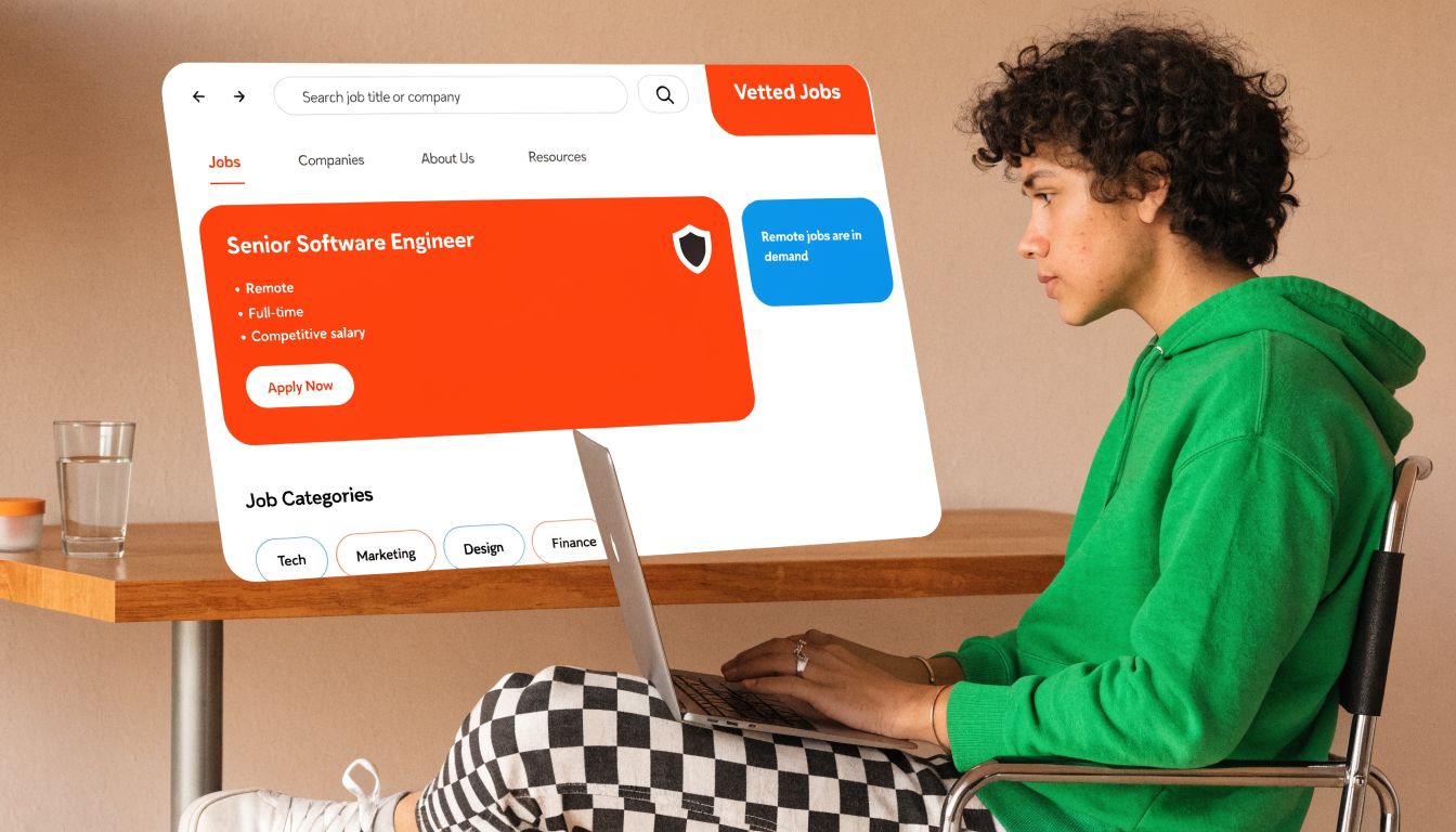 A young person in a green hoodie looking at a digital job board interface while sitting at a desk.