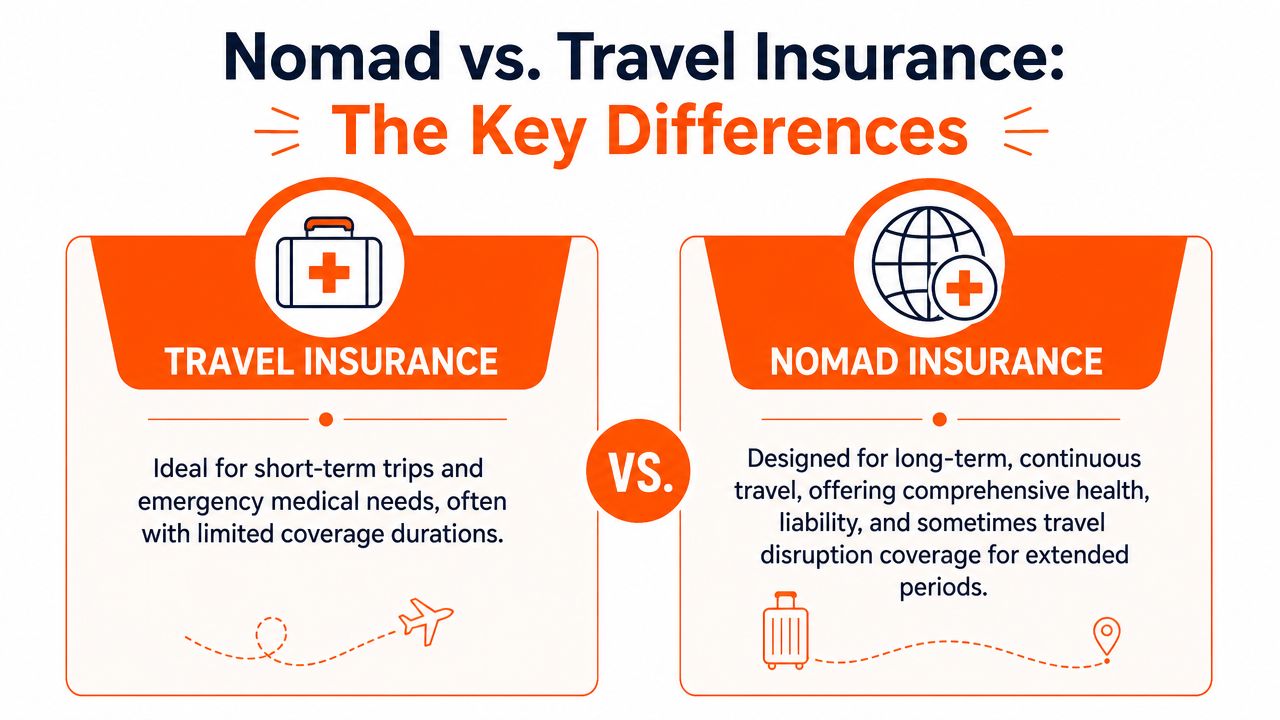 A comparison chart showing the key differences between travel insurance and nomad insurance for international travelers.