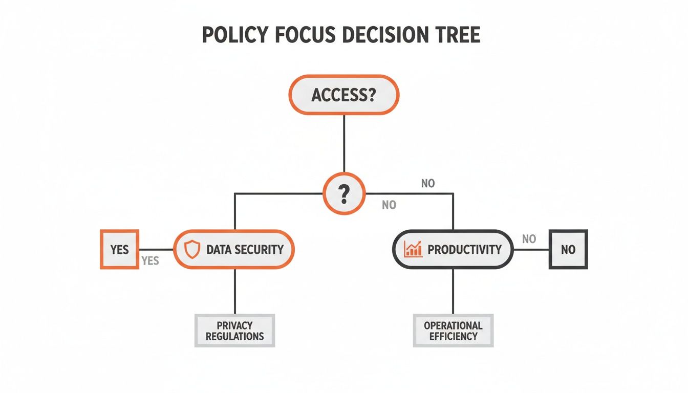 A decision tree diagram illustrating policy focus, including access, data security, and productivity considerations.