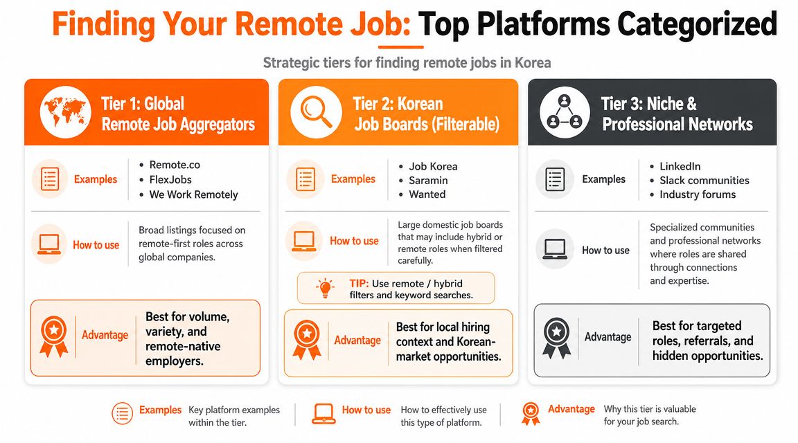 A strategic guide categorizing top platforms for finding remote jobs in Korea into three tiers.
