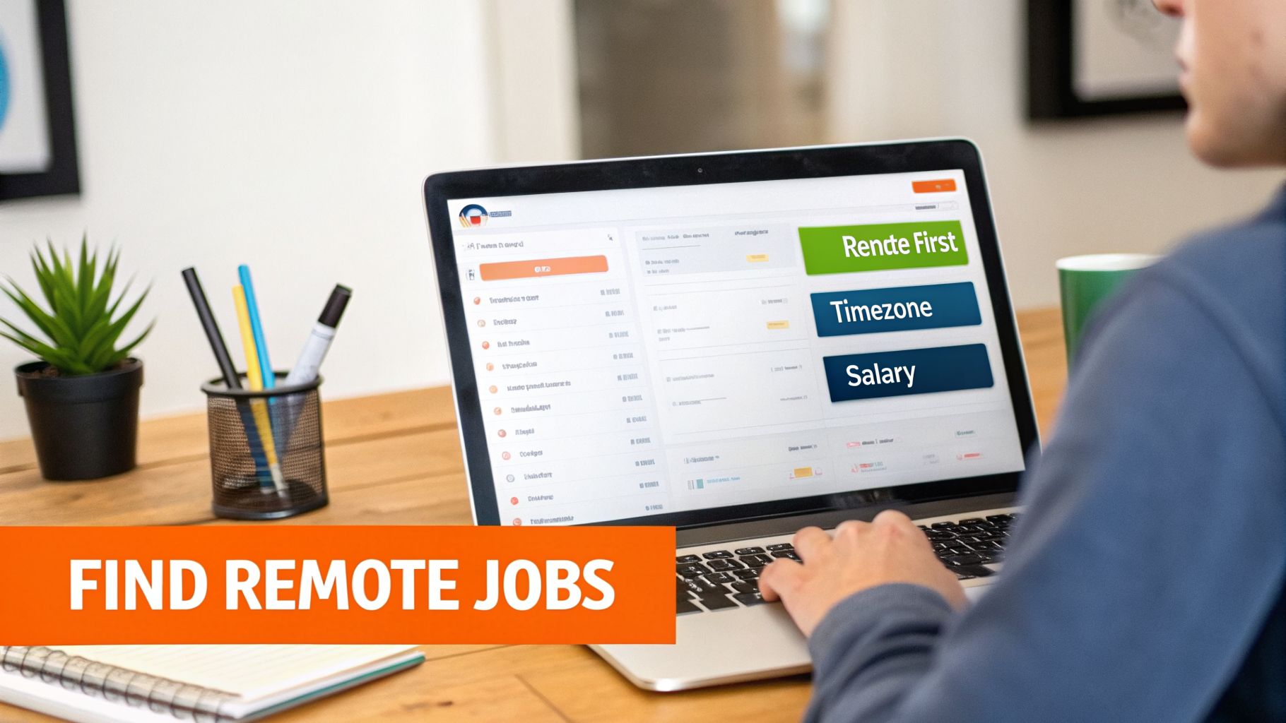 Person typing on a laptop, actively searching for remote job opportunities online.
