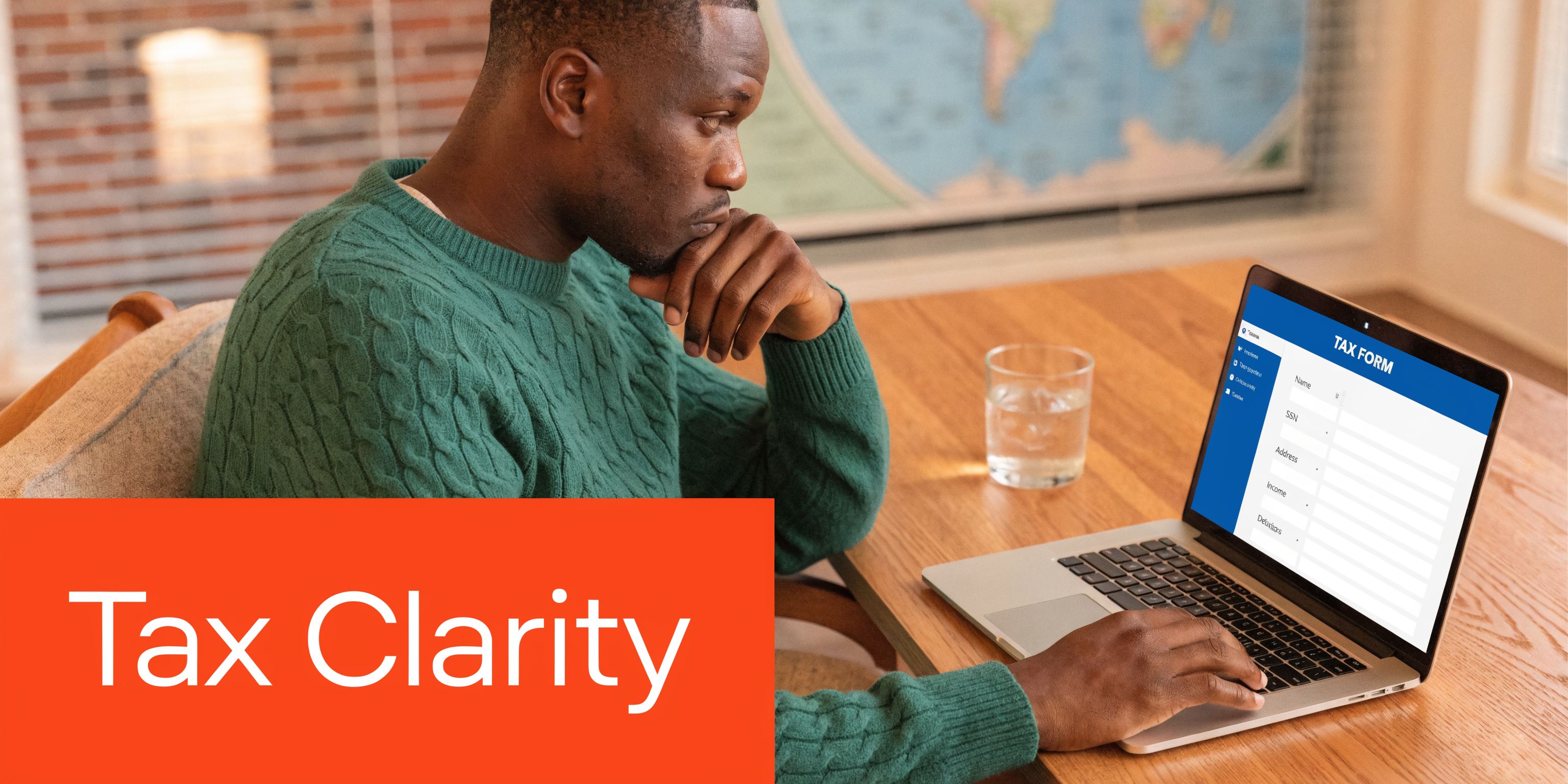 A man in a green sweater working remotely on a laptop while filling out an online tax form.