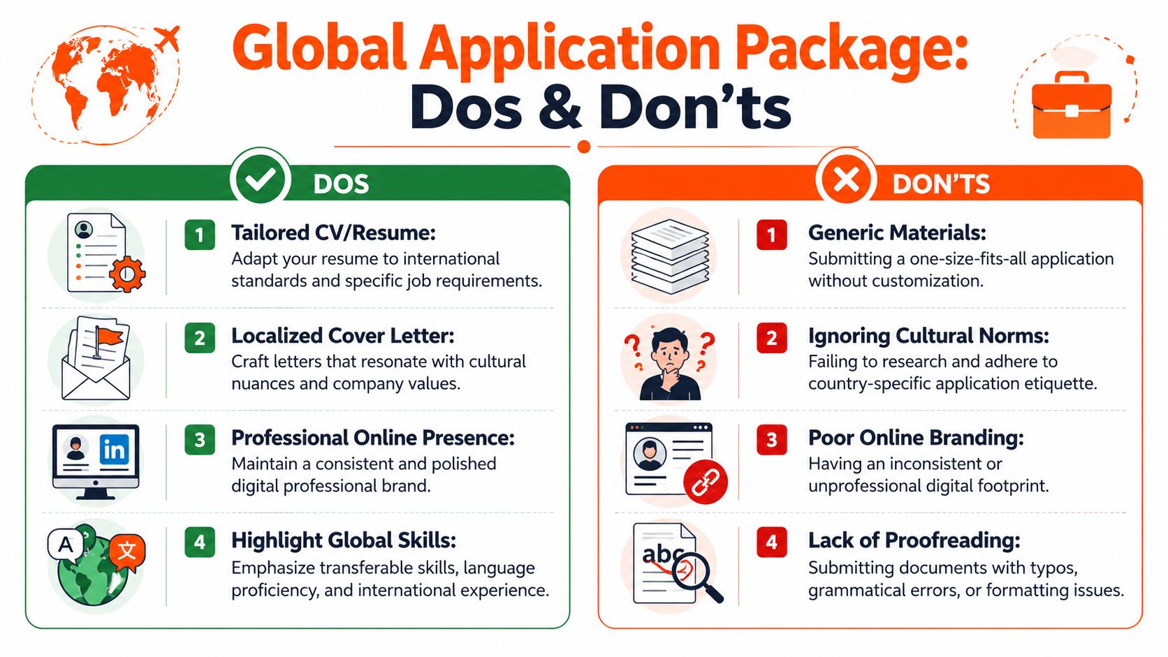 An infographic titled Global Application Package showing four tips for international job applications, contrasting dos and don'ts.