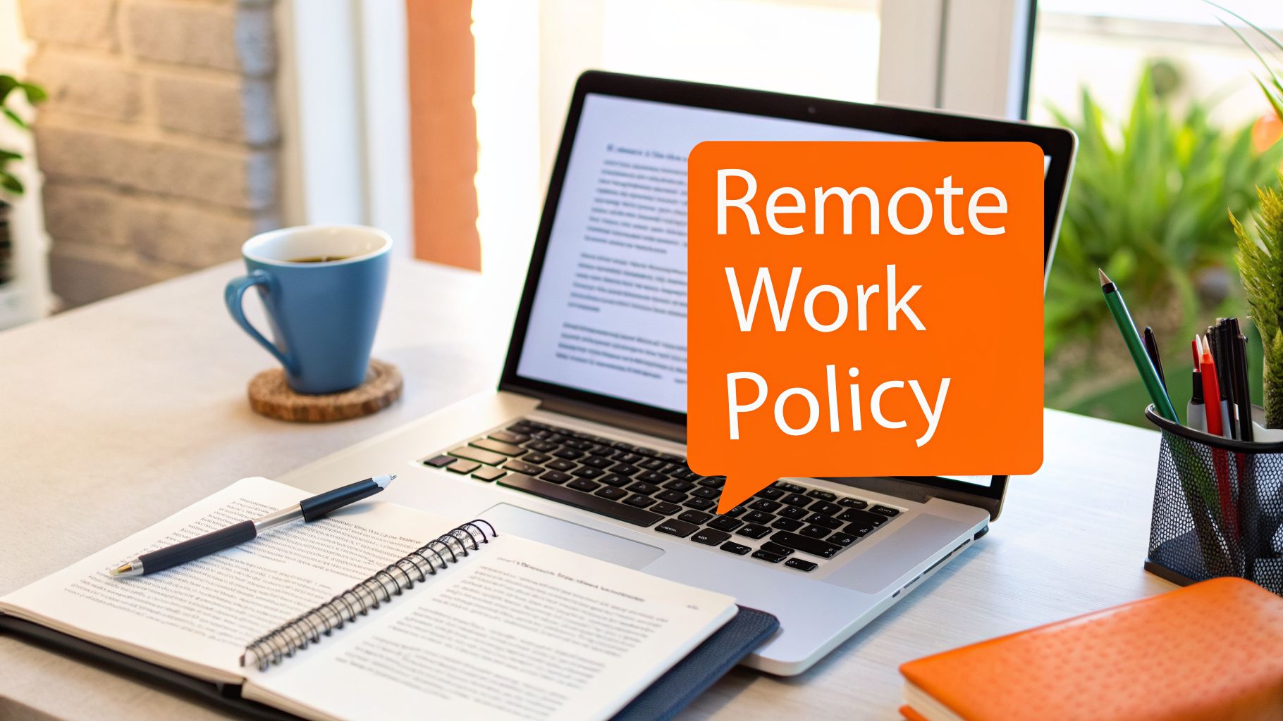 A laptop on a home office desk displays a 'Remote Work Policy' speech bubble, with coffee and a notebook nearby.