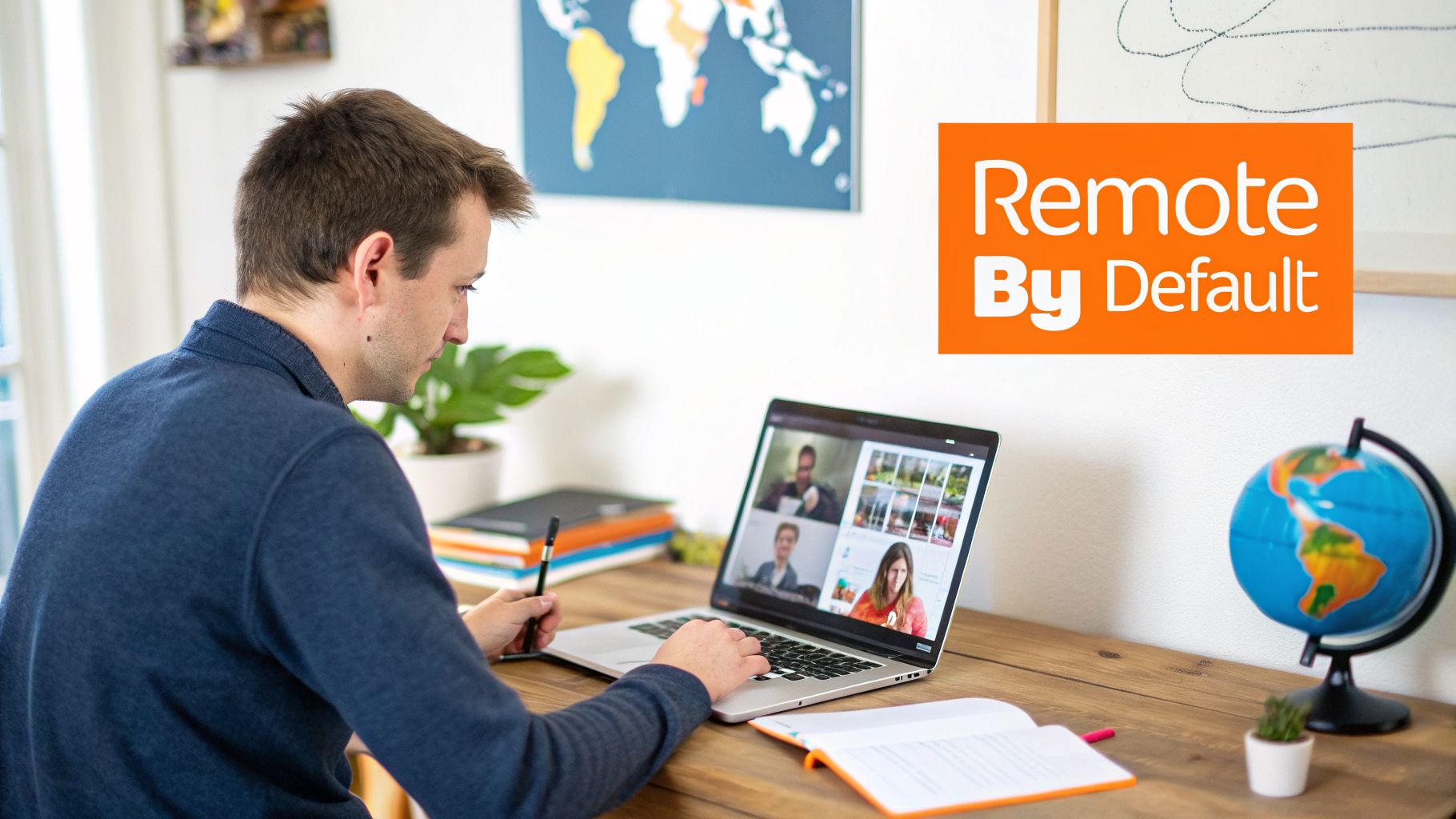 A man on a video conference call using his laptop at a home office desk.