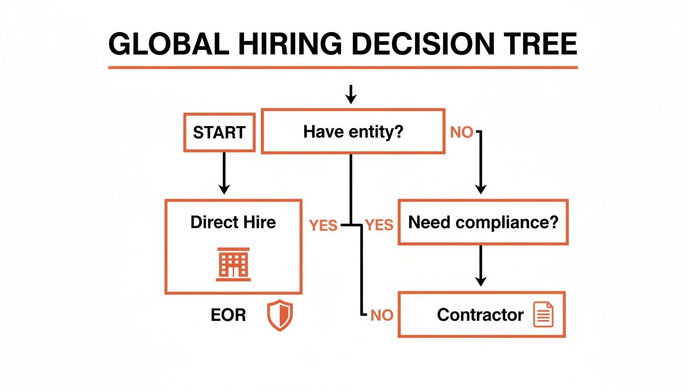 Flowchart illustrating a global hiring decision tree, guiding users from start to direct hire via EOR or contractor.