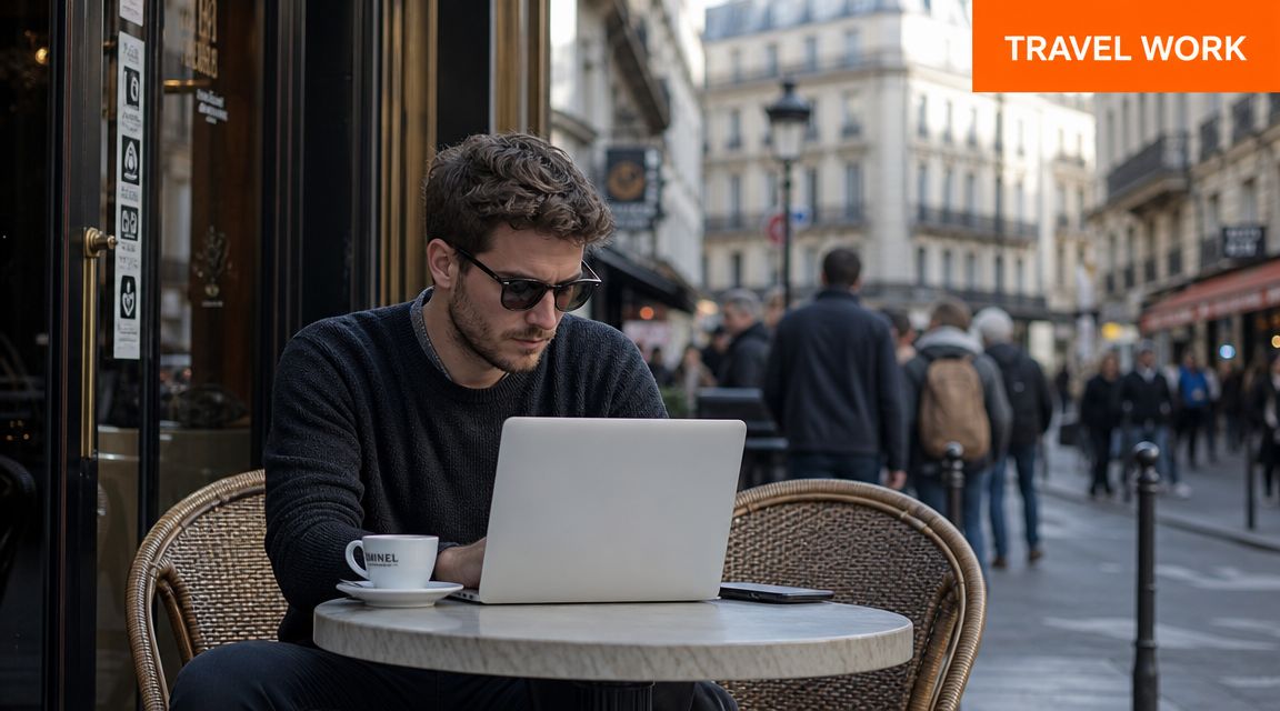 A young man sitting at a Parisian cafe terrace working on his laptop while drinking coffee.