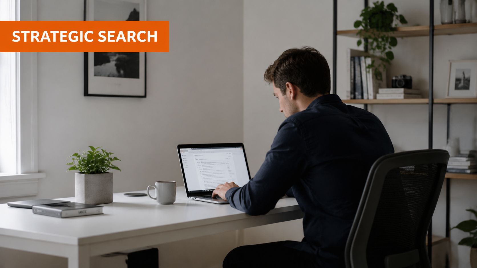 A professional man sitting at a desk while working remotely on a laptop in a bright office.