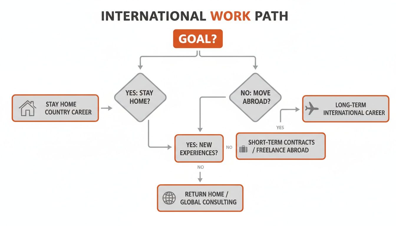 A flowchart titled 'International Work Path' outlining career decisions from staying home to international roles.