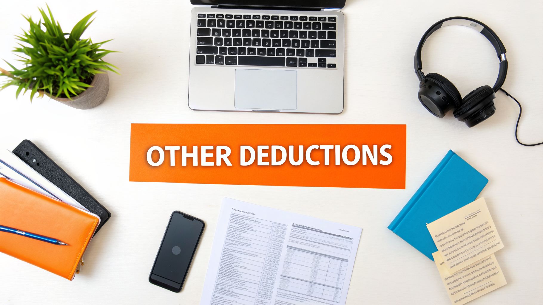 Overhead view of a modern workspace with a laptop, headphones, and 'OTHER DEDUCTIONS' banner.