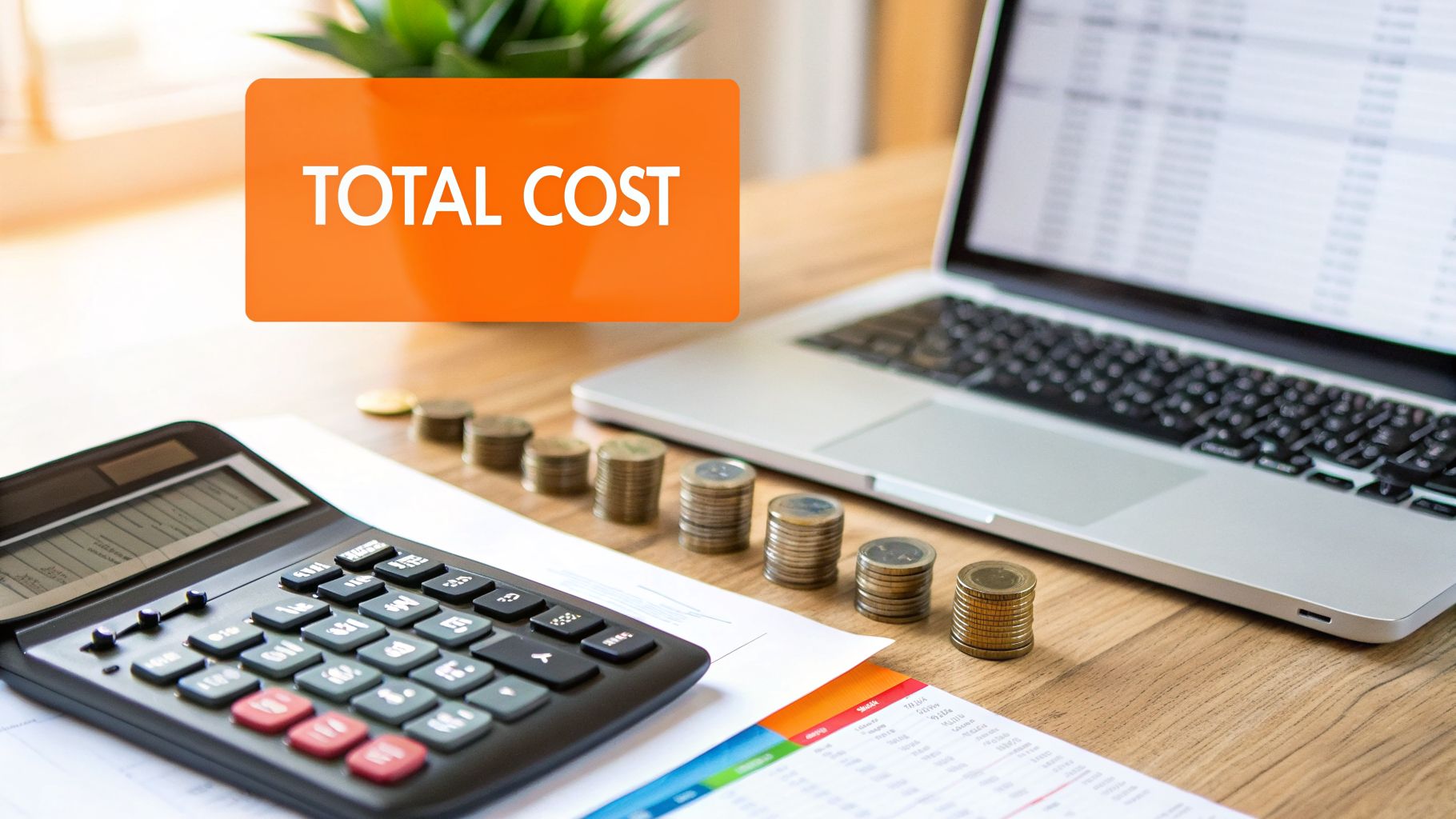 A calculator, stacked coins, and a laptop on a desk, with an orange bubble displaying 'TOTAL COST'.