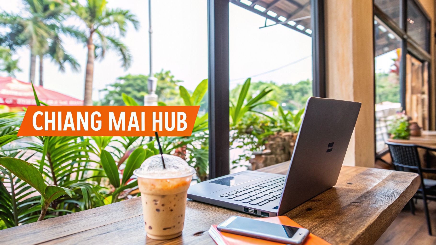 Digital nomad workspace with a laptop, iced coffee, and smartphone at 'CHIANG MAI HUB' cafe.