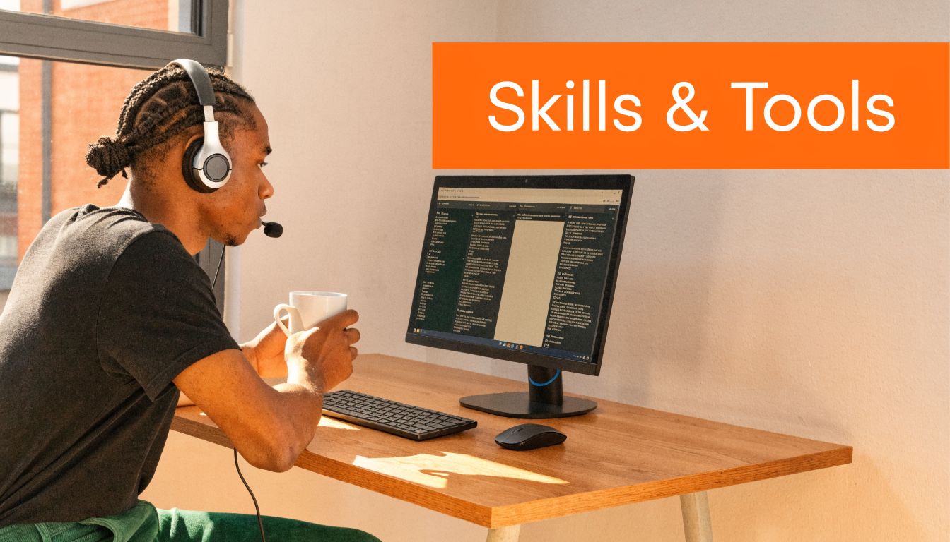 A young man wearing a headset sits at a desk working on a computer while holding a mug.
