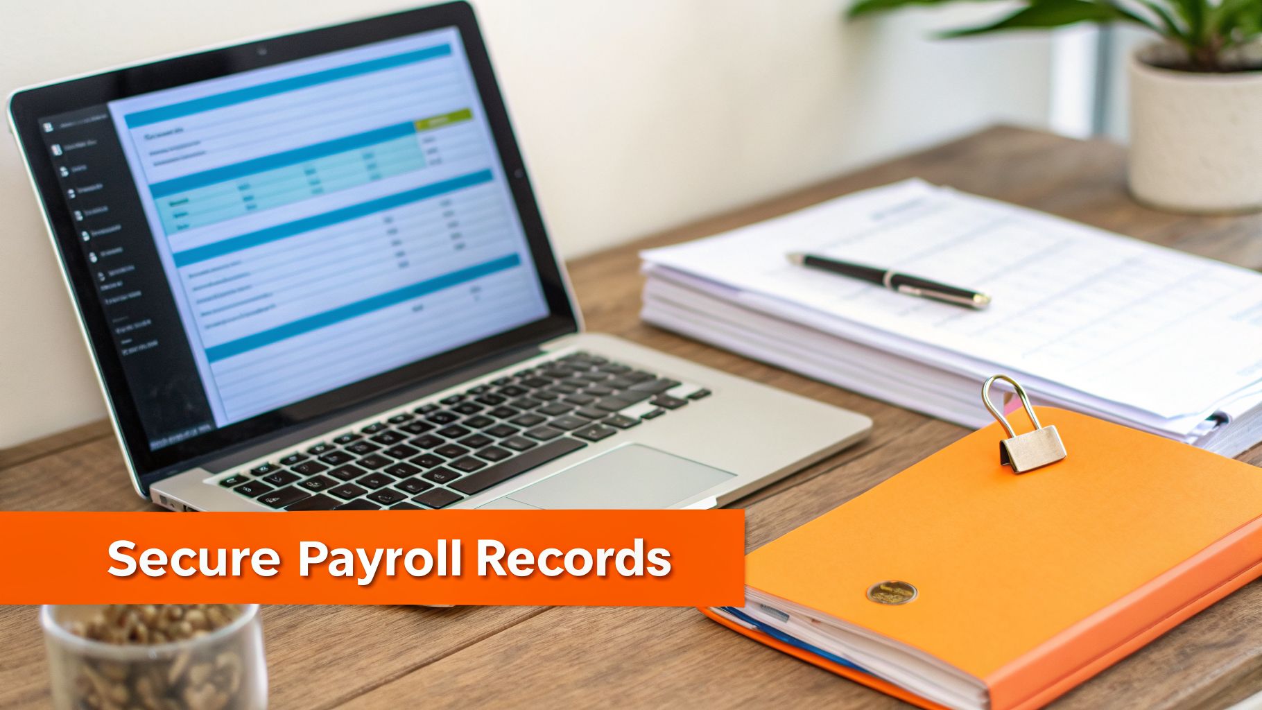 A laptop displaying a spreadsheet, papers, and a notebook with a padlock, symbolizing secure payroll records.