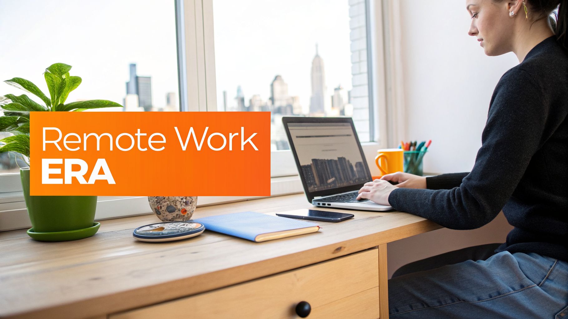 A person works on a laptop at a wooden desk with a city skyline view, overlaid with 'Remote Work ERA'.