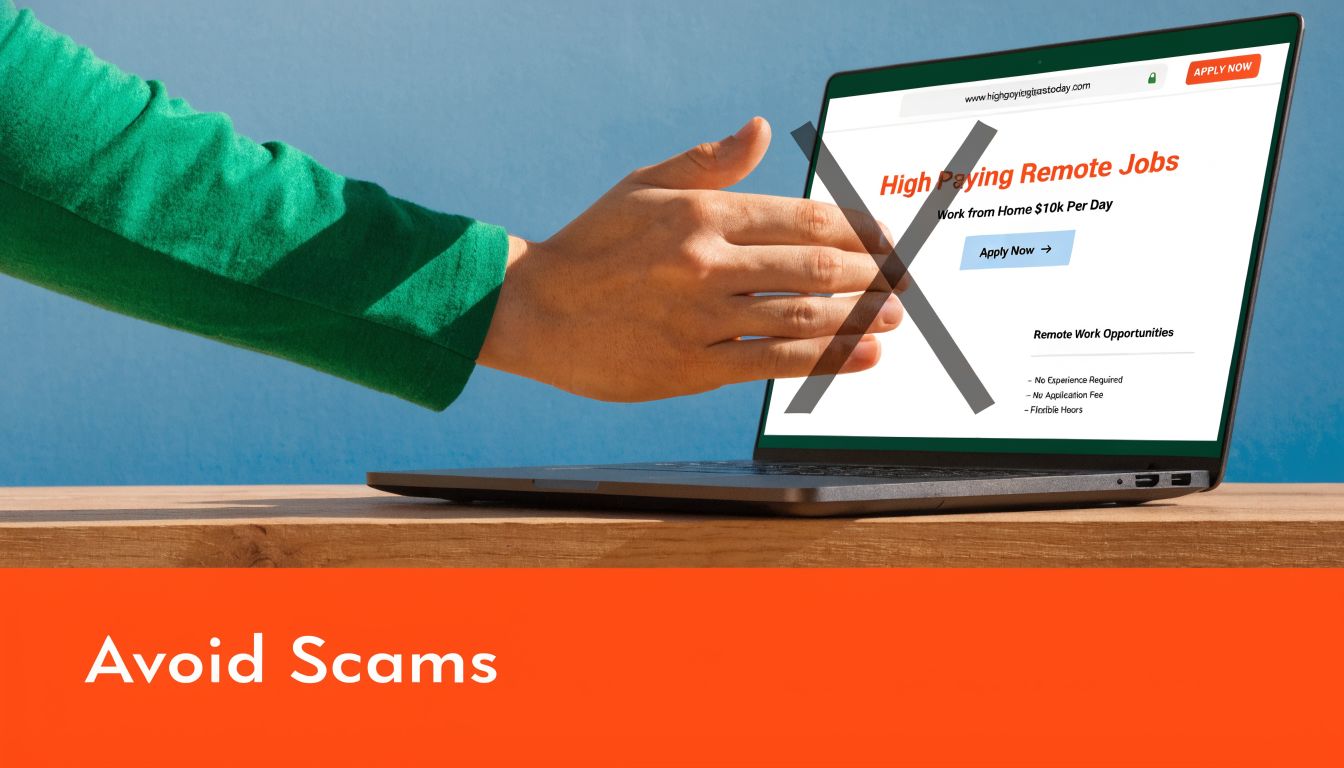 A hand reaching toward a laptop screen displaying a suspicious work from home job scam advertisement.