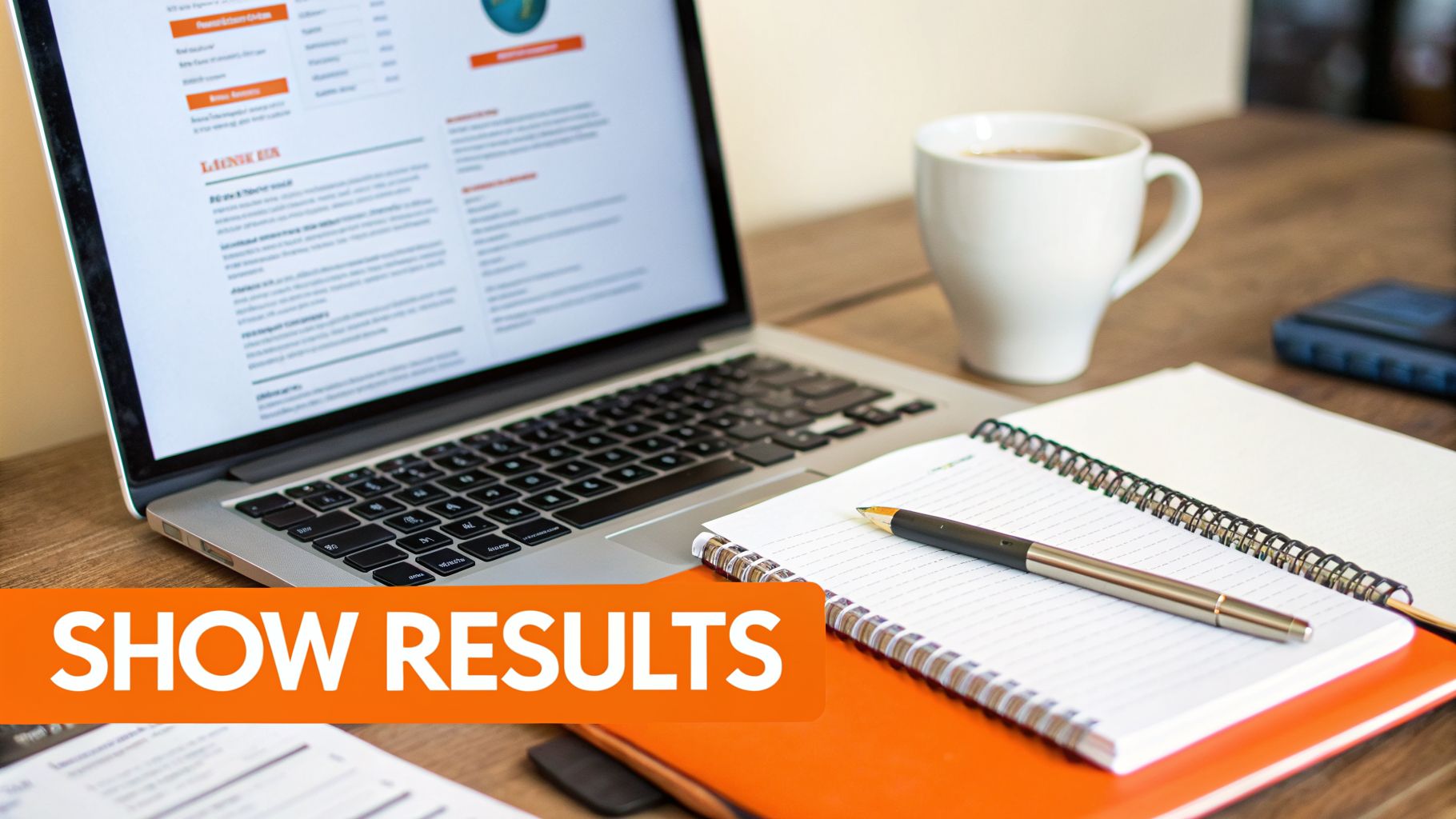 A laptop displaying results on a desk with a coffee mug, notebook, and pen, with a 'SHOW RESULTS' banner.