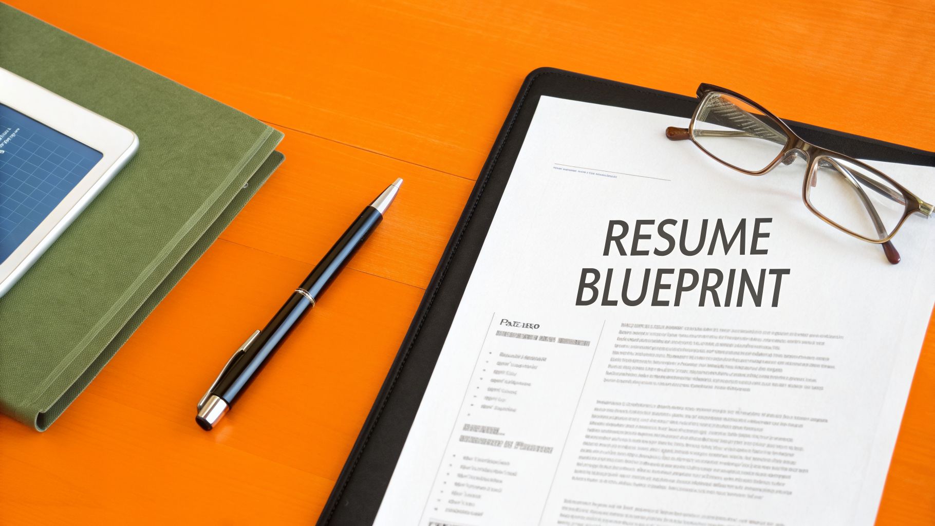 A professional flat lay of a resume blueprint document, glasses, pen, tablet, and notebook on an orange desk.