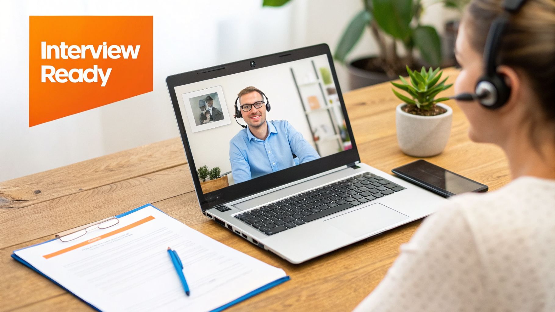 A woman conducts a remote video interview on her laptop, featuring a smiling male candidate.