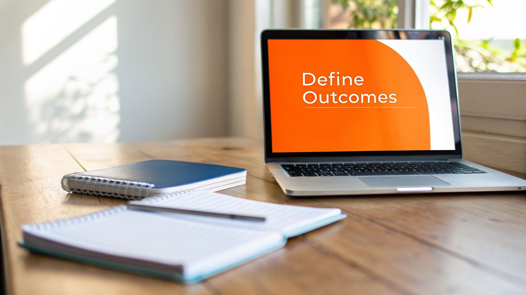 A laptop displaying "Define Outcomes" on an orange screen, with notebooks and a pen on a wooden desk.