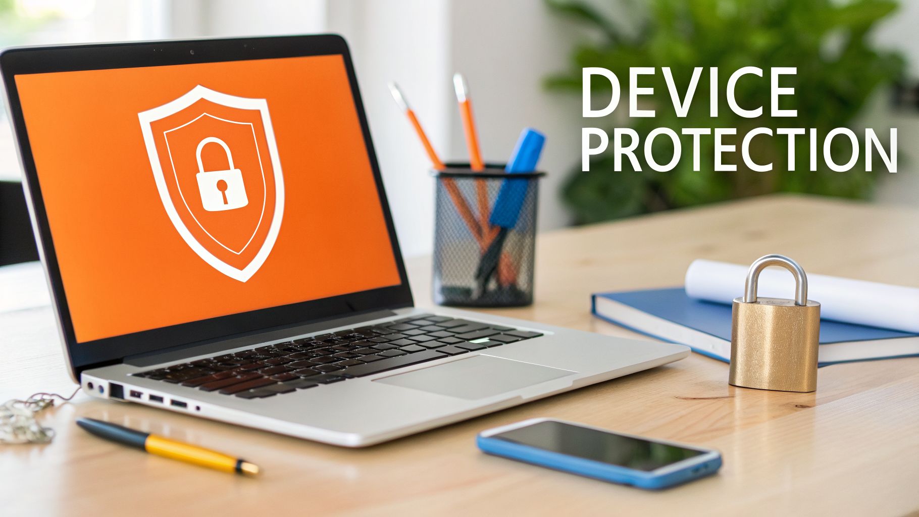 A laptop displaying a shield and padlock icon, with a physical padlock, phone, and pens on a desk, illustrating device security.