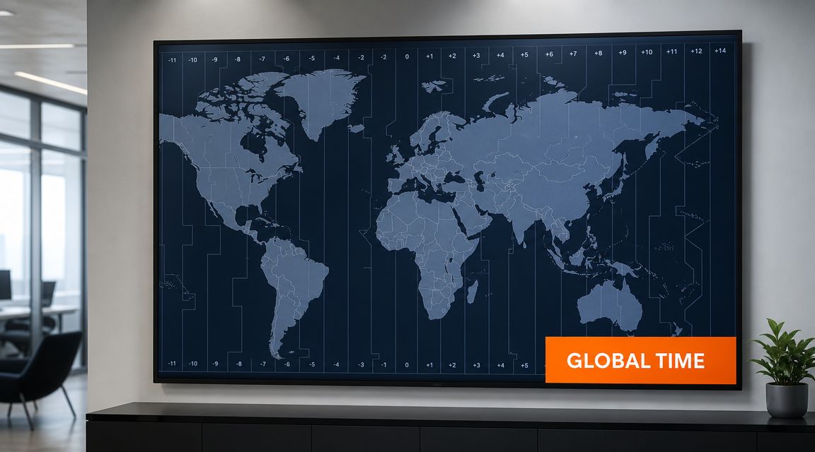 A digital map showing world time zones displayed on a large screen in a modern office.