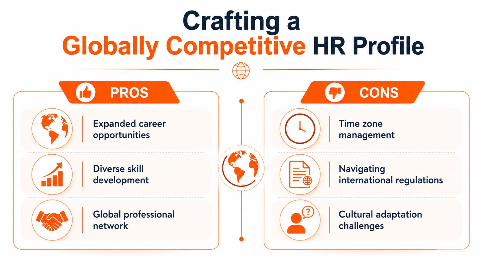 An infographic comparing the pros and cons of building a globally competitive HR career and profile.