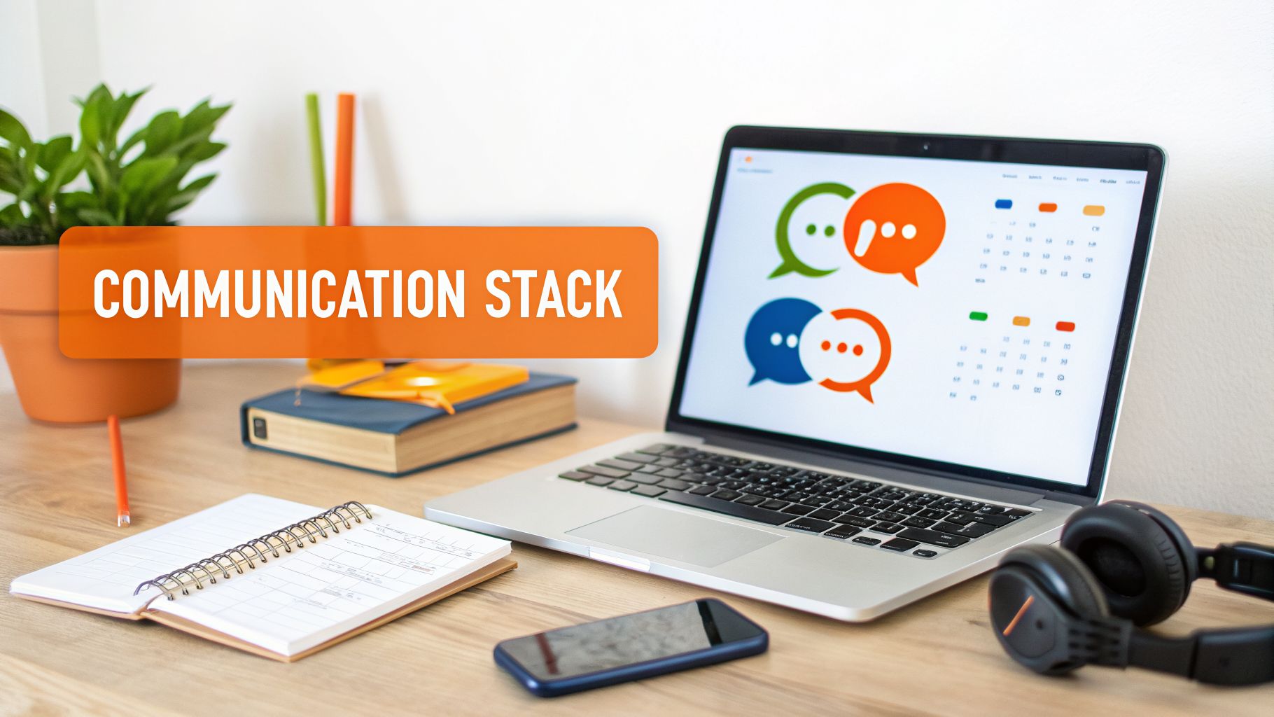 A desk with a laptop displaying chat bubbles, a plant, and books, with 'COMMUNICATION STACK' text.