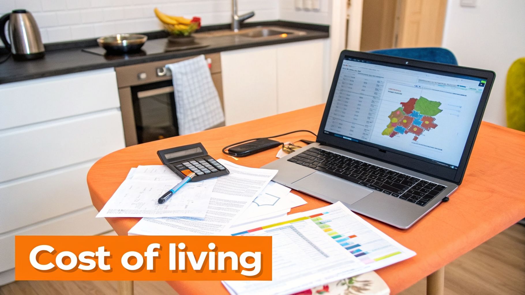 Laptop, calculator, and financial documents on a table, highlighting cost of living analysis.