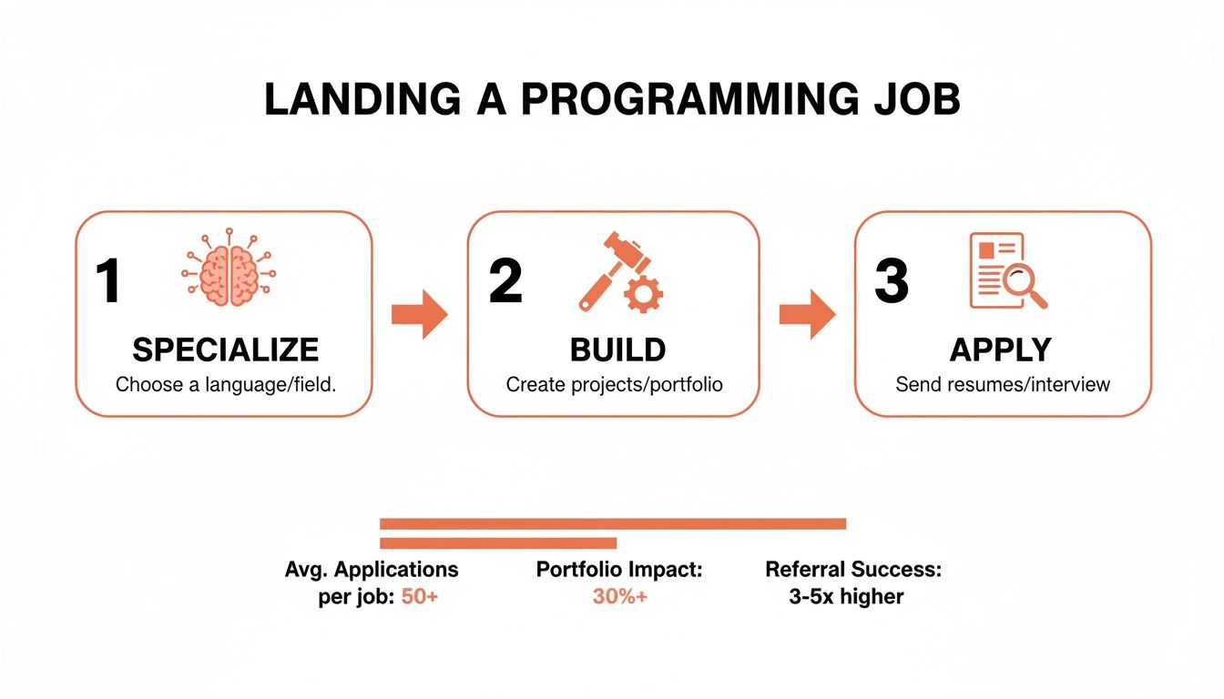 Infographic showing three steps to land a programming job: specialize, build, apply, with job search statistics.
