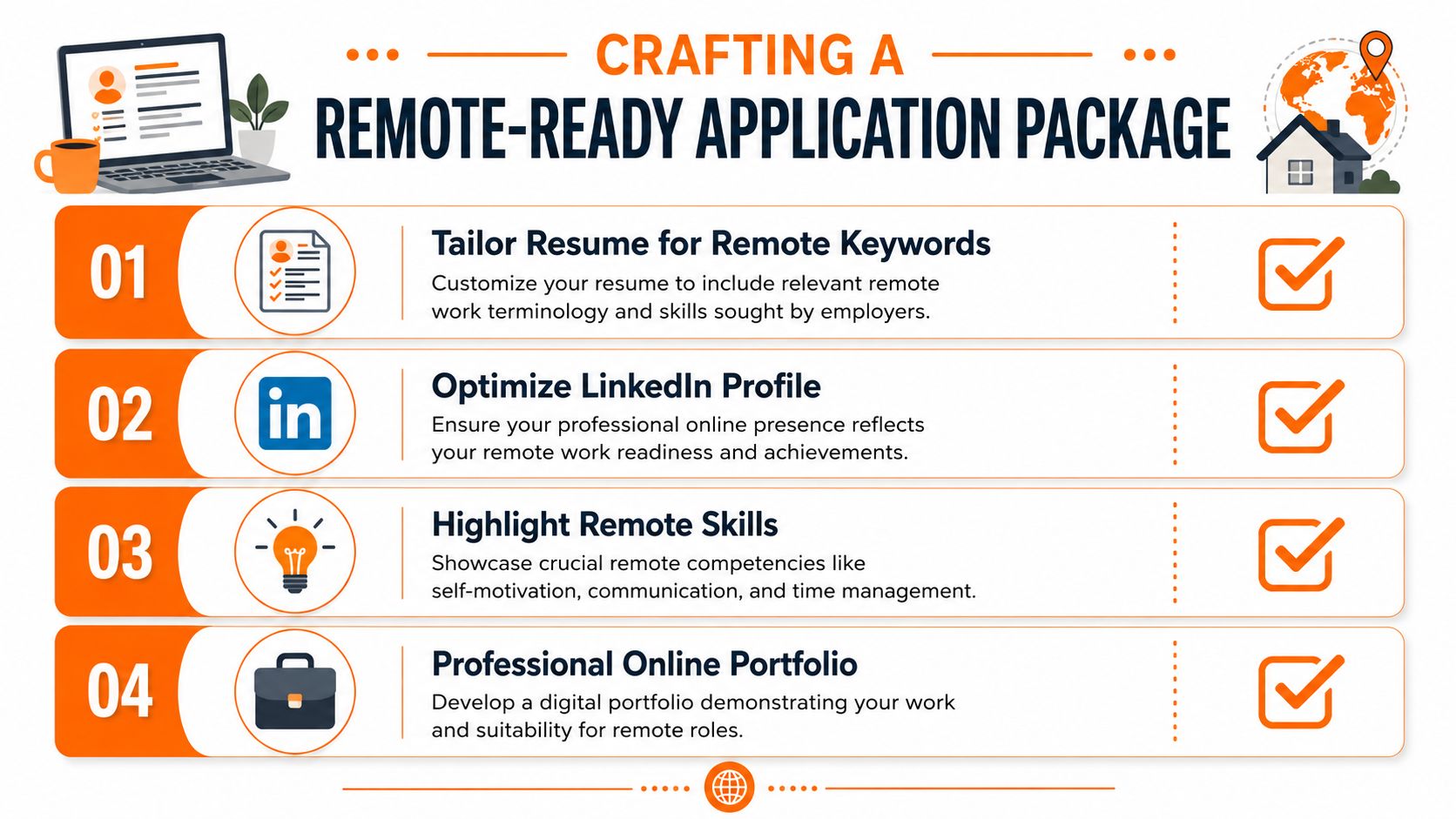 An infographic showing four steps to build a remote-ready job application package for job seekers.