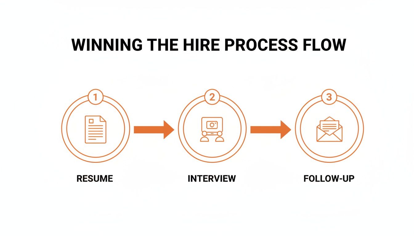 Diagram illustrating the three steps to winning the hire process: resume, interview, and follow-up.