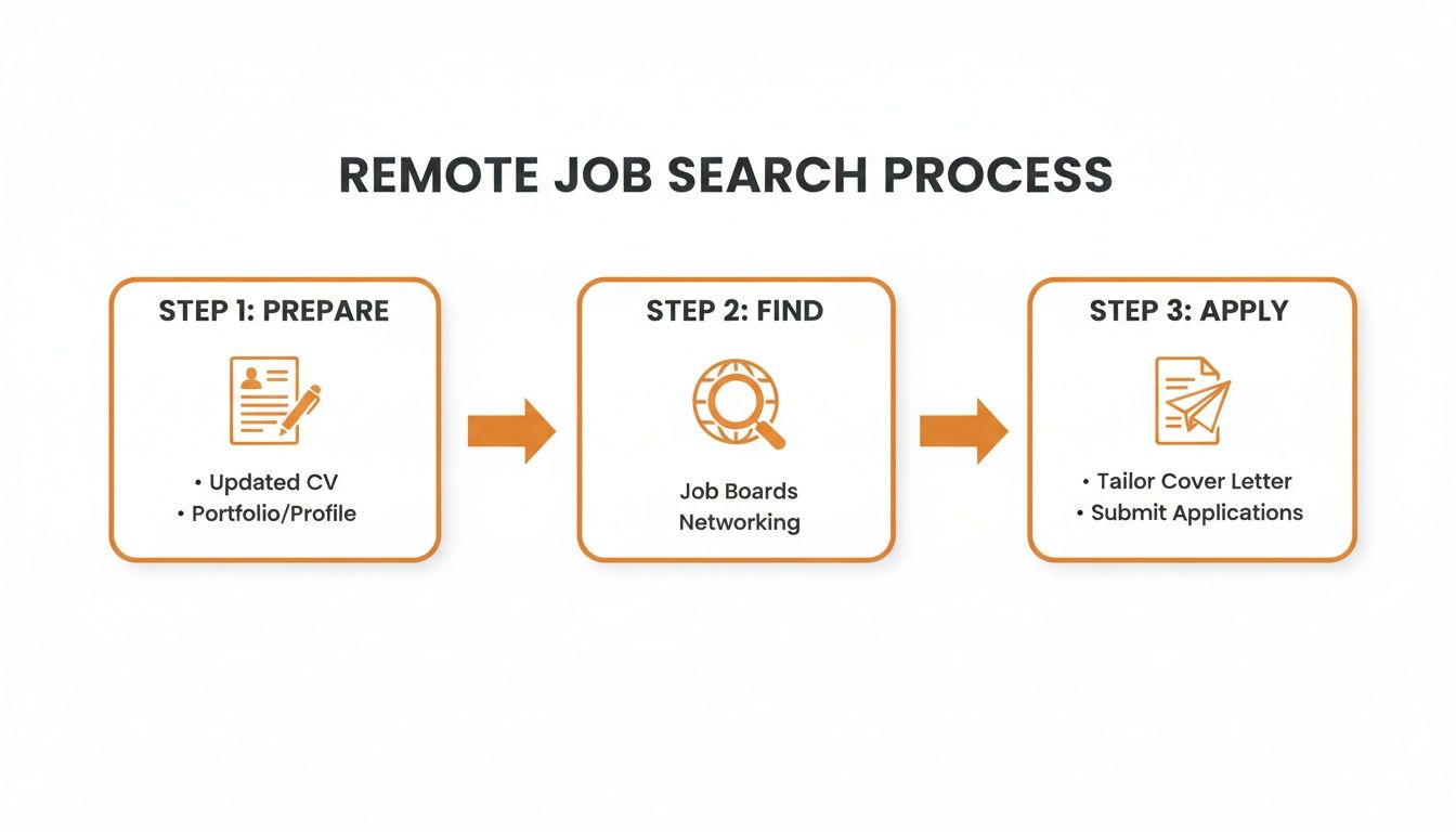 Infographic detailing the three steps of a remote job search process: prepare, find, and apply.