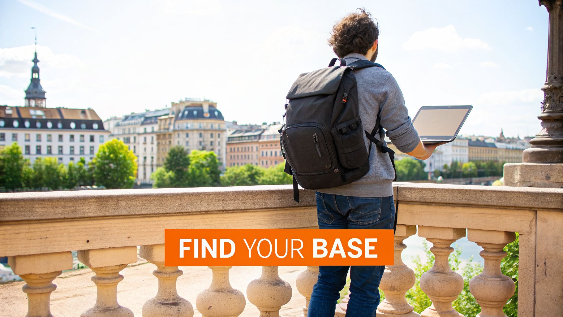 A digital nomad with a backpack uses a laptop on a balcony overlooking a European city.
