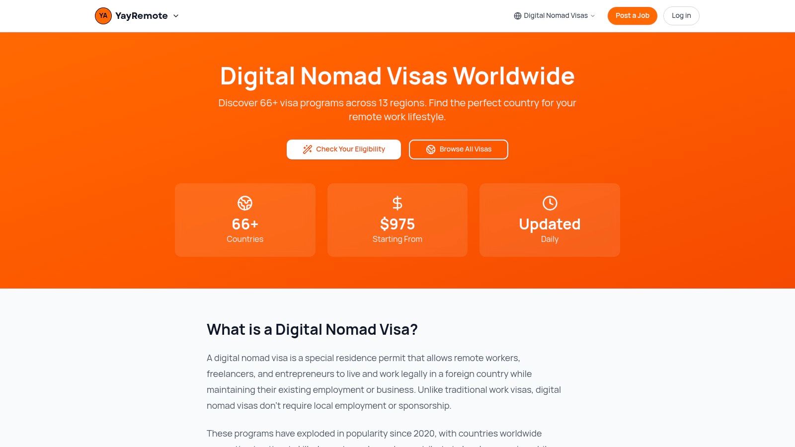 A screenshot showing the YayRemote Digital Nomad Visas guide, with a world map and a list of countries offering remote work visas.