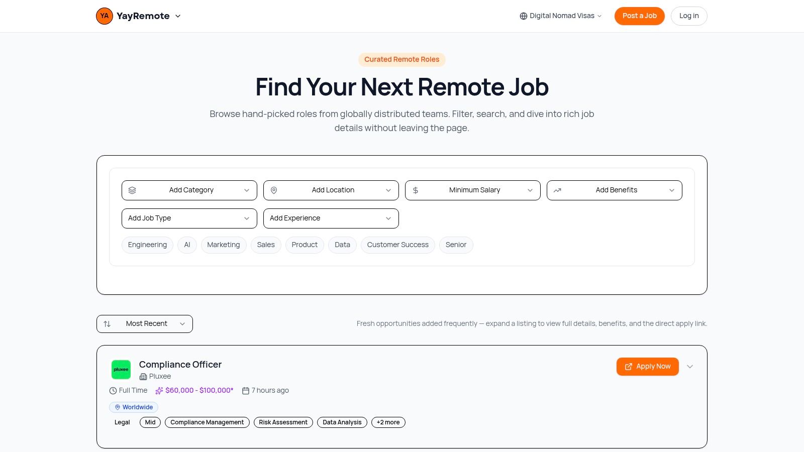 YayRemote job search interface showing curated remote roles and filtering options.