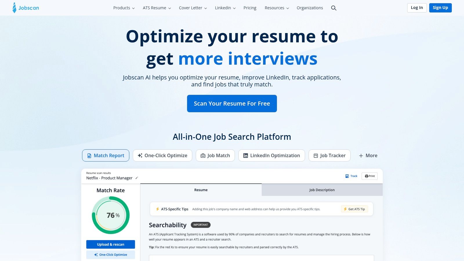 Jobscan's interface showing a resume scan result with keyword matching and optimization tips.