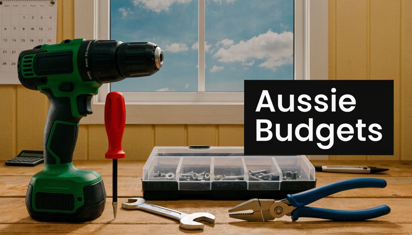 A selection of hand tools and a power drill arranged on a workbench with a calendar background