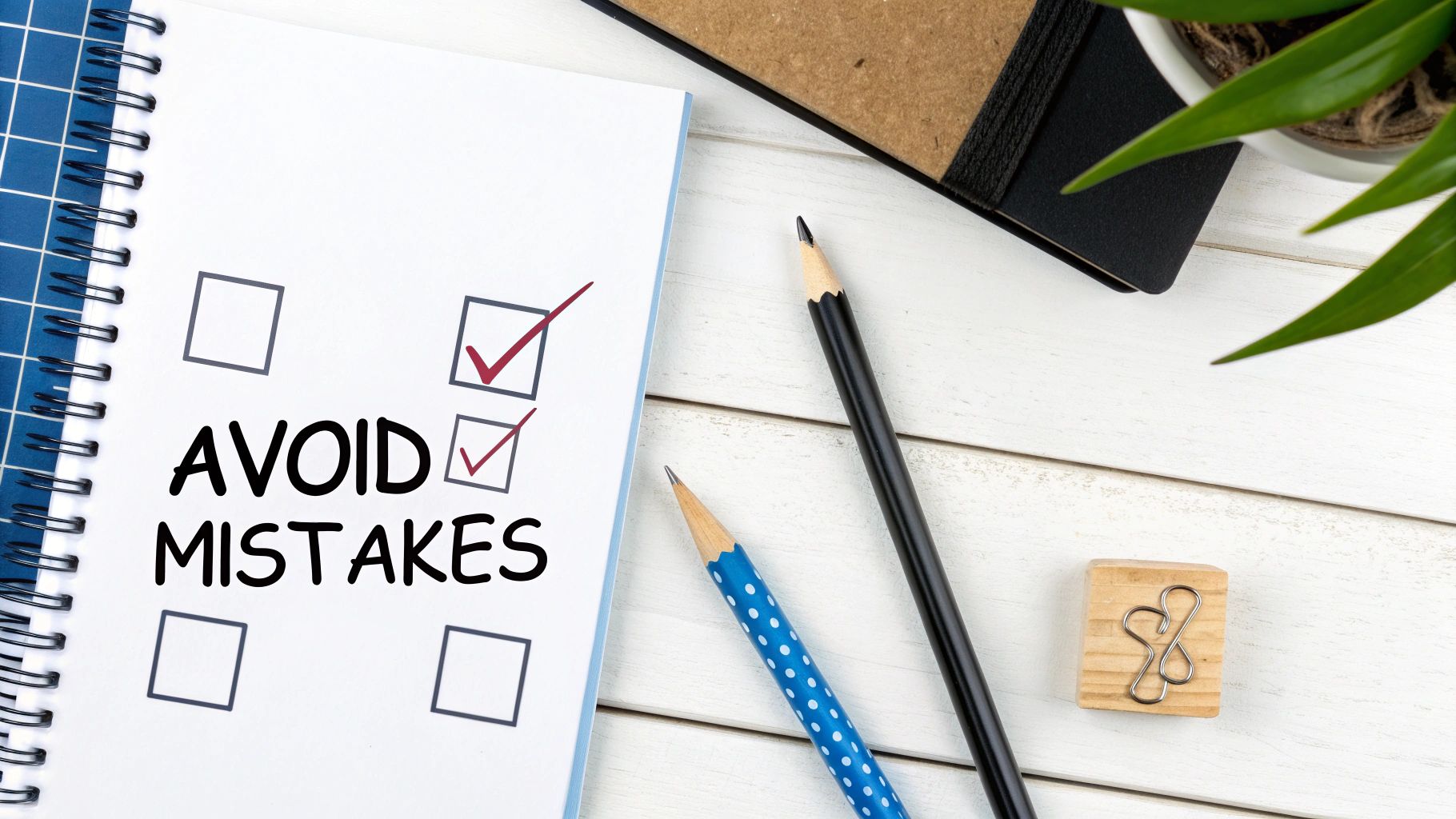 A notebook with 'AVOID MISTAKES' and checked boxes, pencils, and a binder on a white wooden desk.