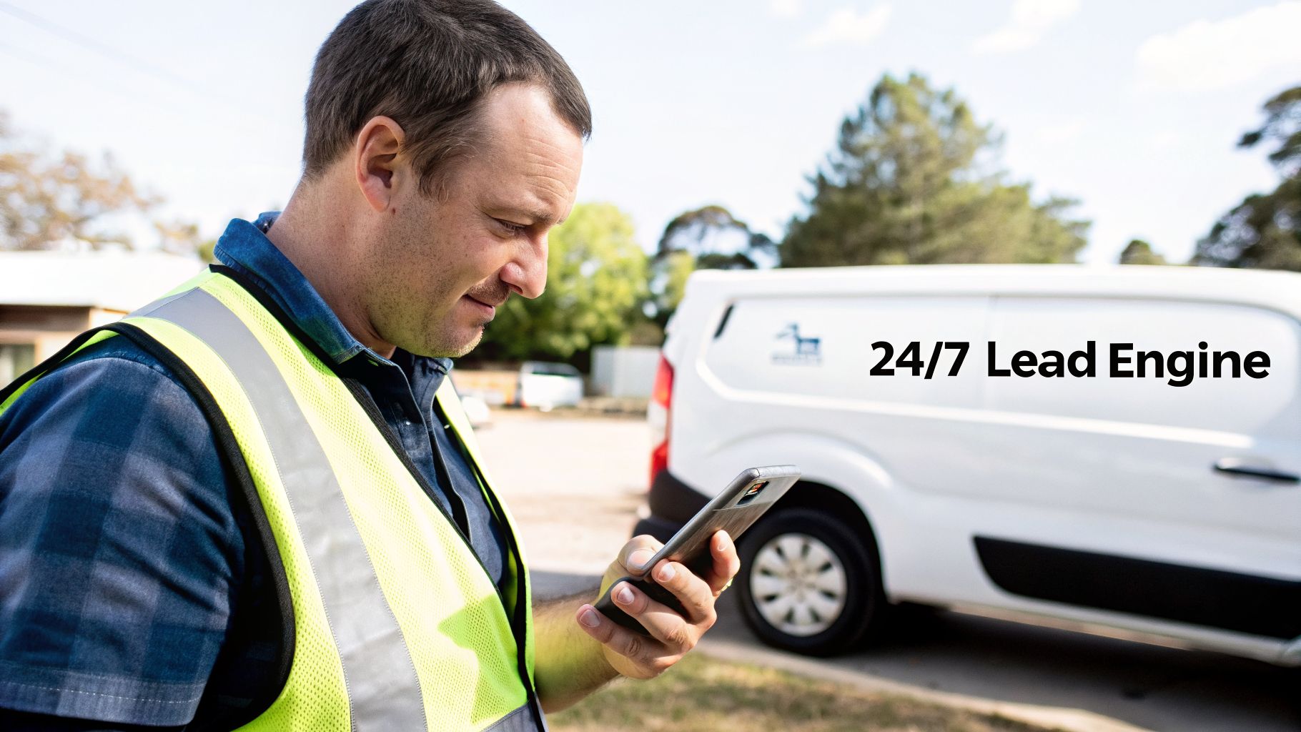 A tradesman in a high-vis vest and plaid shirt looks at his phone with a work van in the background featuring "24/7 Lead Engine" text.