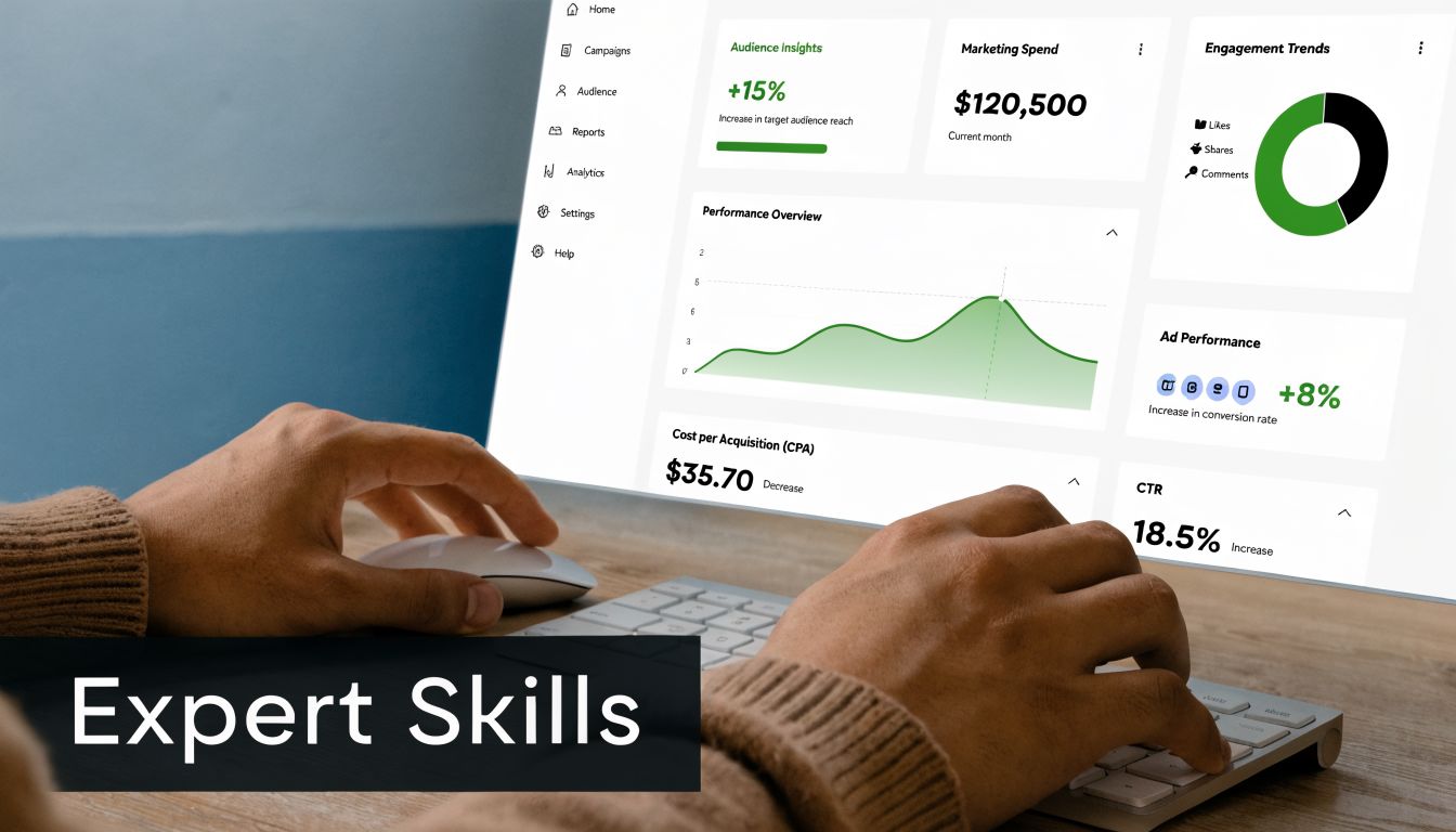 A professional working on a computer displaying digital marketing analytics and performance metrics for online advertising campaigns.