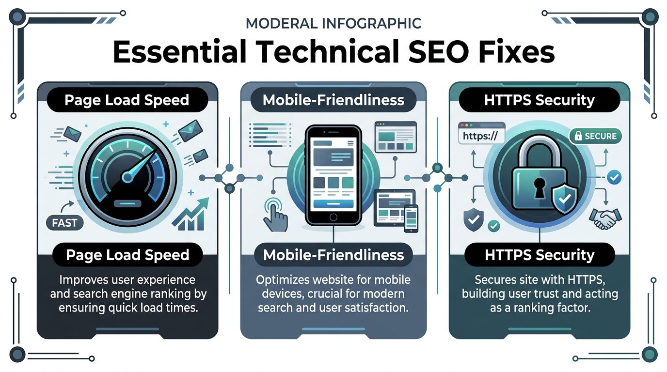 An infographic showing three essential technical SEO fixes: page load speed, mobile-friendliness, and HTTPS security.