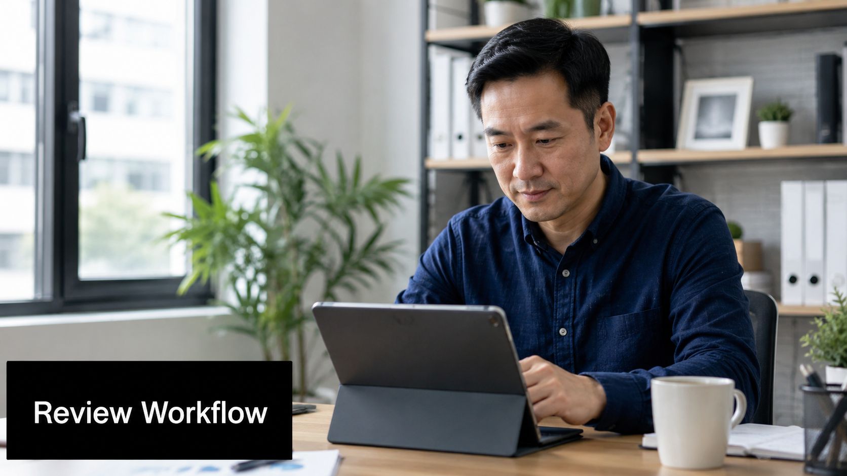 A professional man sitting at a wooden desk while focused on his tablet device in an office.