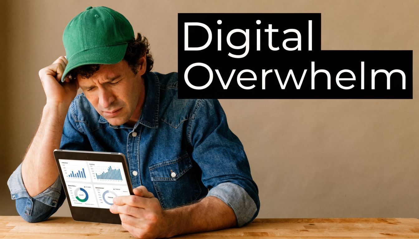 A man wearing a green cap looking stressed while holding a tablet with data charts.