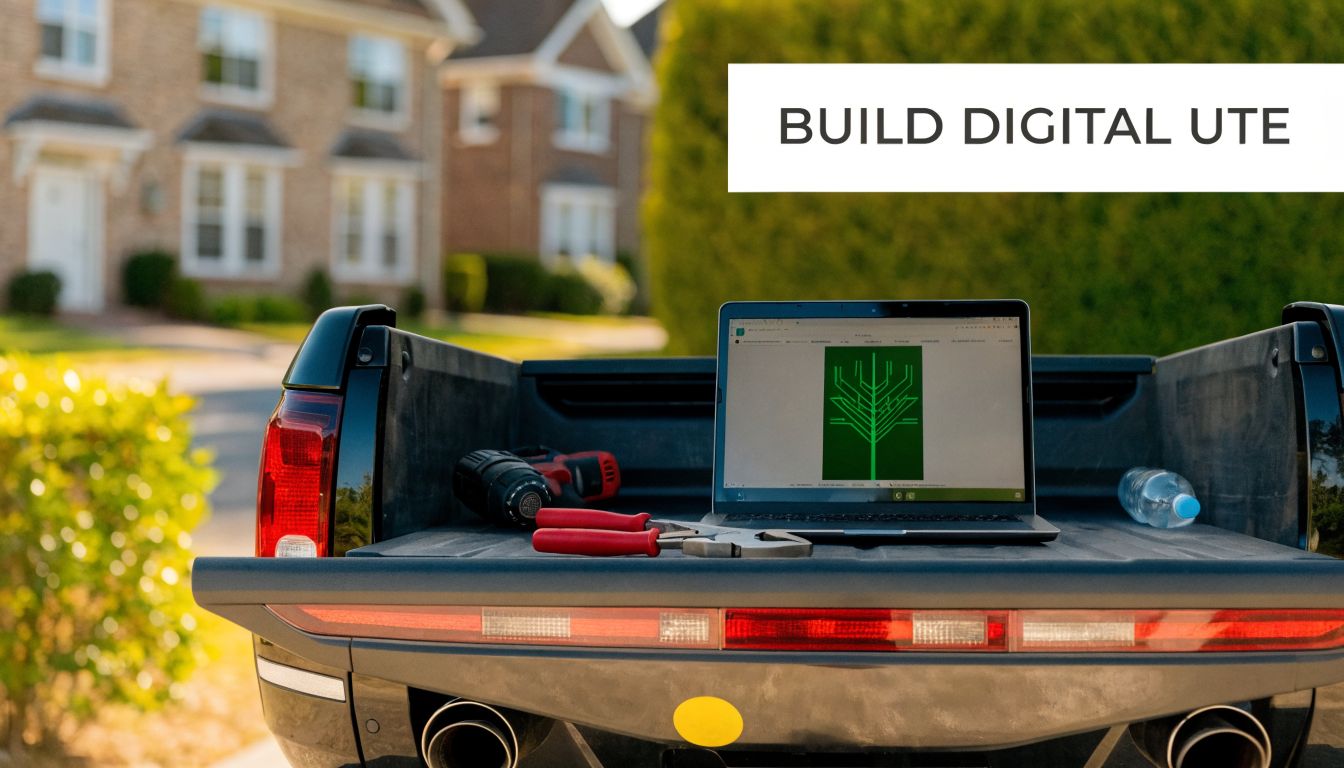 A laptop showing a digital tree design resting on the tailgate of a truck with trade tools.