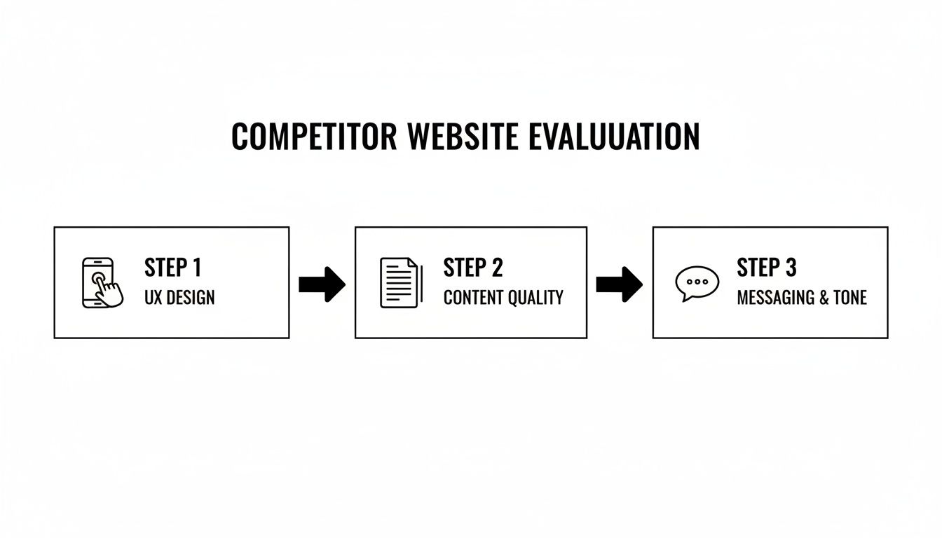 A flowchart showing three steps for competitor website evaluation: UX design, content quality, and messaging.
