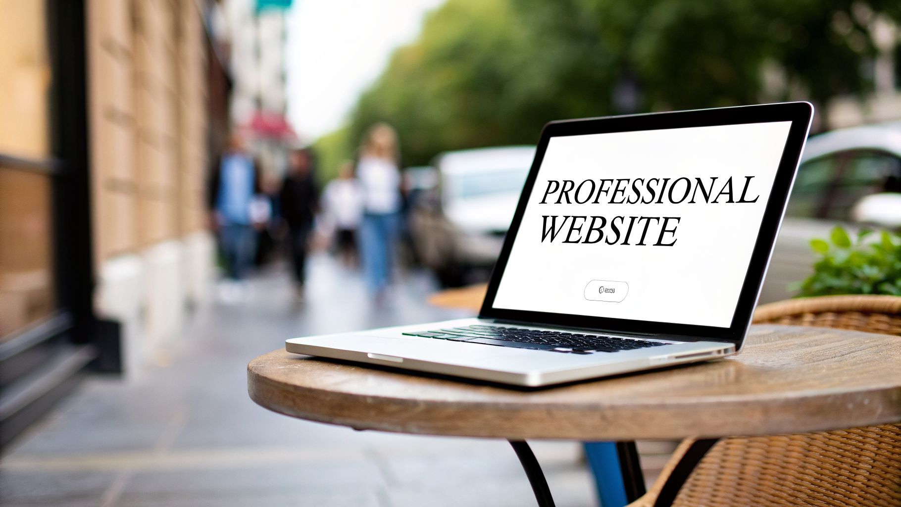 A silver laptop on a round wooden table outdoors, displaying 'PROFESSIONAL WEBSITE'.