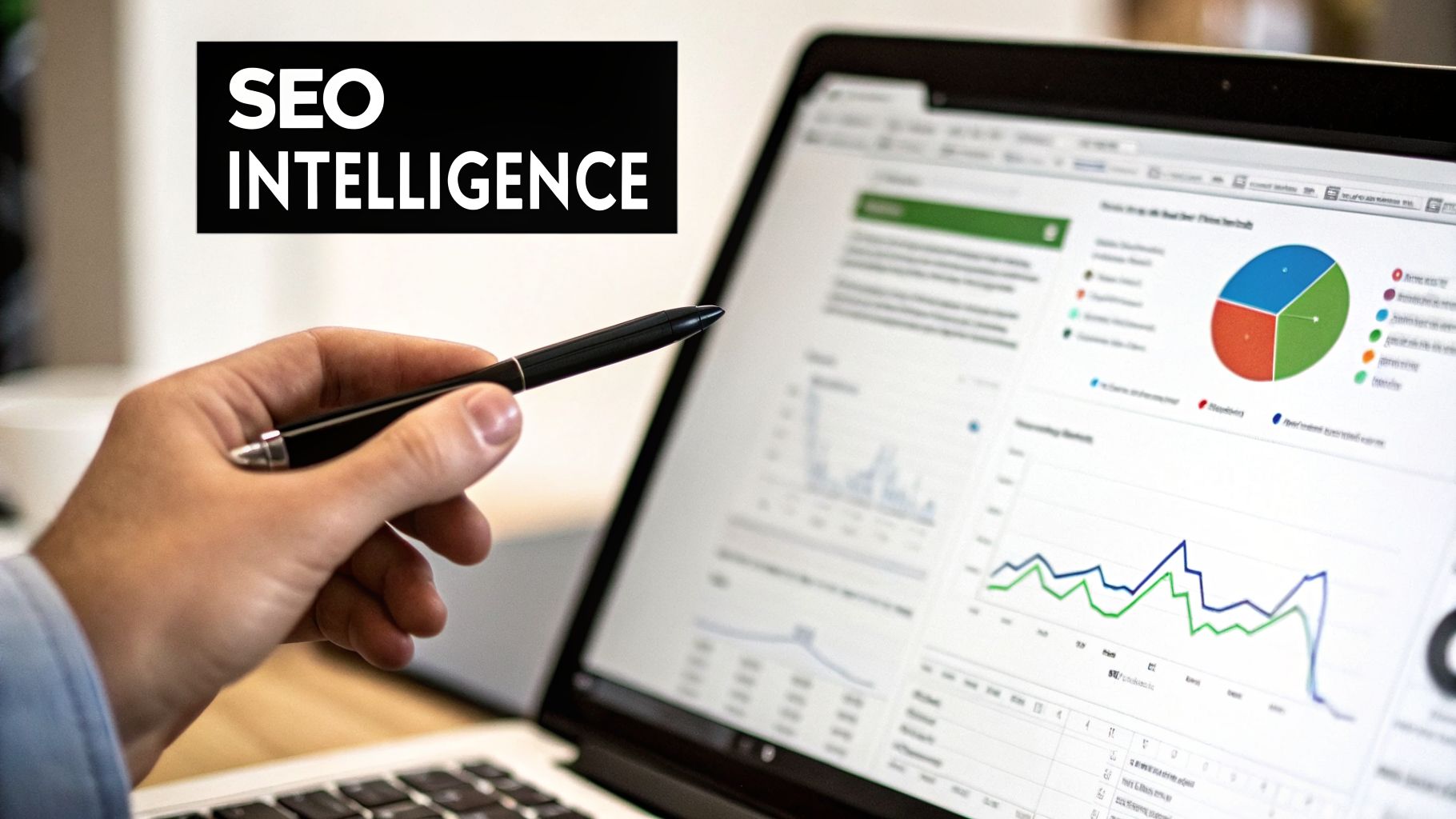 Hand pointing with a stylus at a laptop displaying SEO intelligence dashboards with various data charts and graphs.