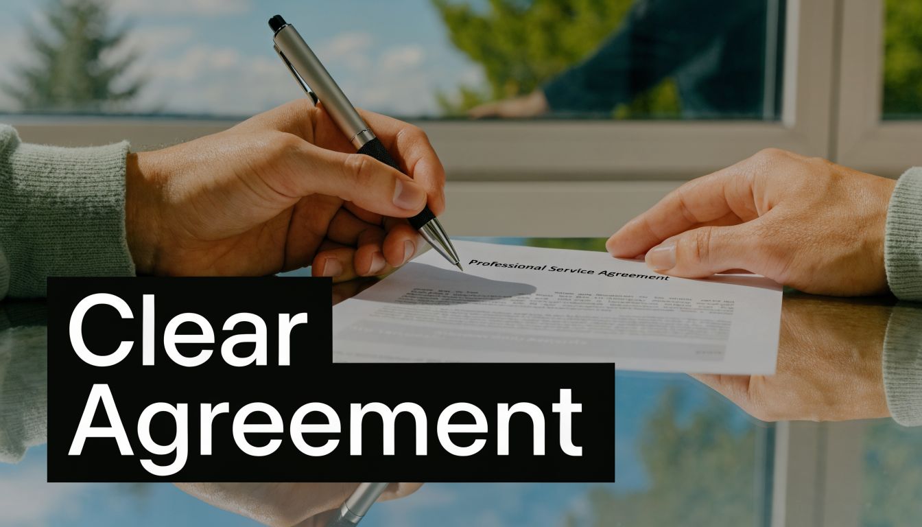 A professional holding a pen, preparing to sign a legal document titled Professional Service Agreement.
