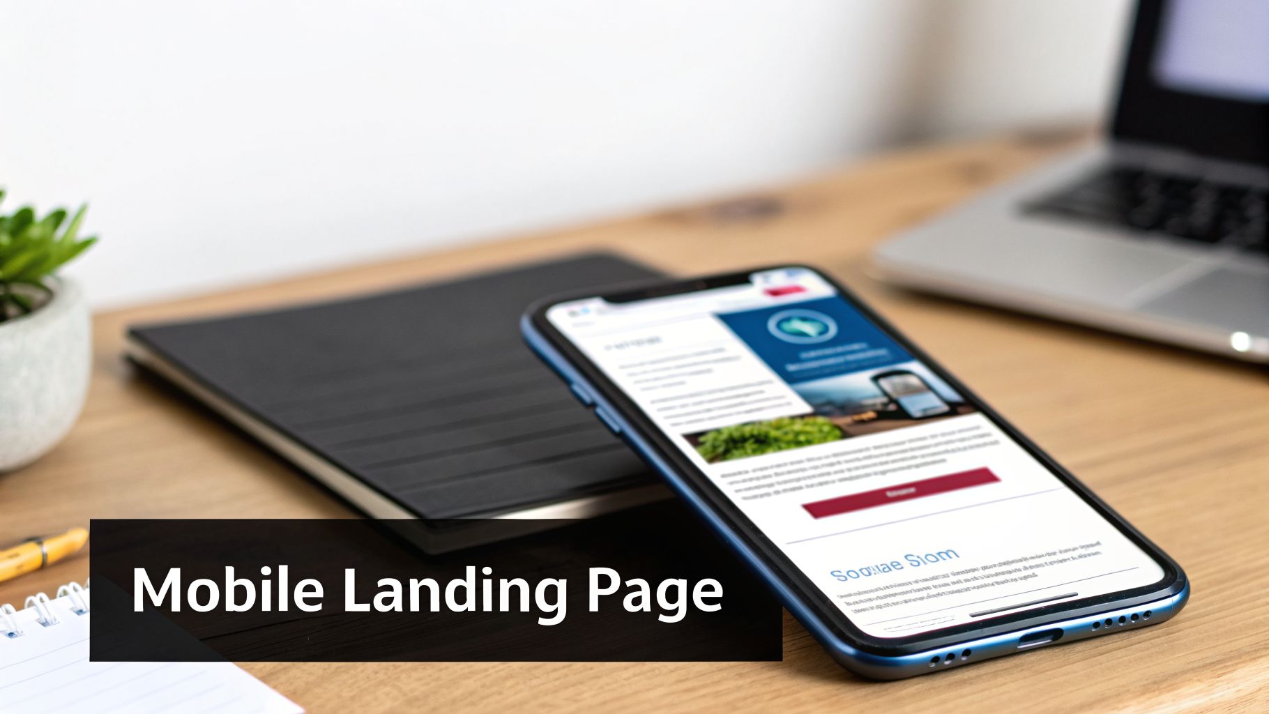 A smartphone displaying a detailed mobile landing page on a wooden desk with a laptop.
